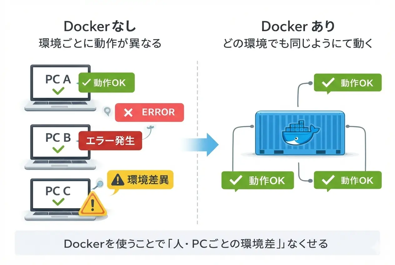 Dockerなしの場合とDockerありの場合の開発環境の違いを比較した図