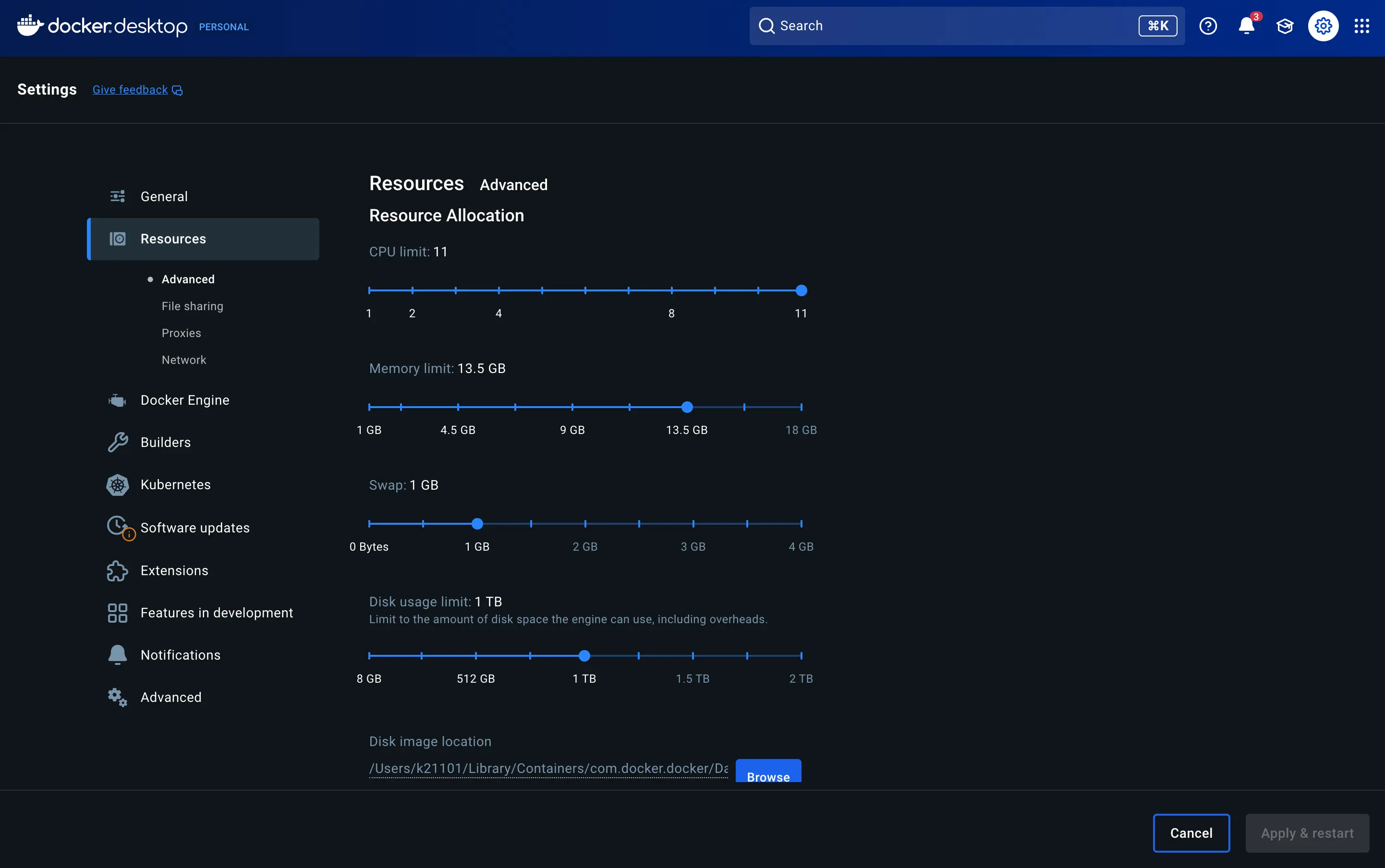 Docker DesktopのResourcesタブでメモリ割り当てを変更している画面