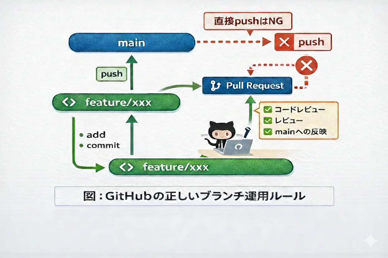 GitHubにおける正しいブランチ運用。mainブランチへの直接pushは禁止し、featureブランチからPull Requestでマージする流れ