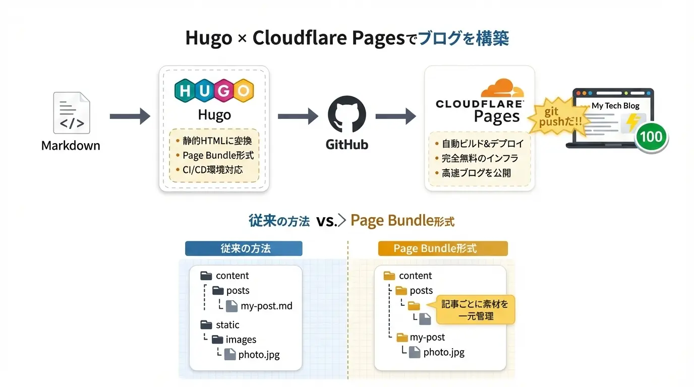 HugoとCloudflare Pagesを使った技術ブログのビルド・デプロイ構成図。MarkdownからGitHub経由で自動公開する流れ